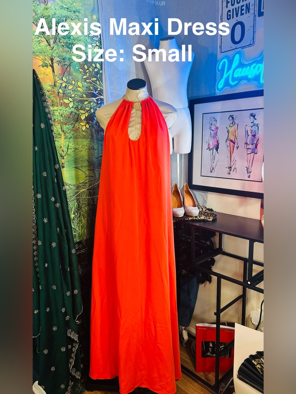 Alexis Orange Halter Maxi Dress, Gold Bar for Neck Line to Secure the Dress: SM